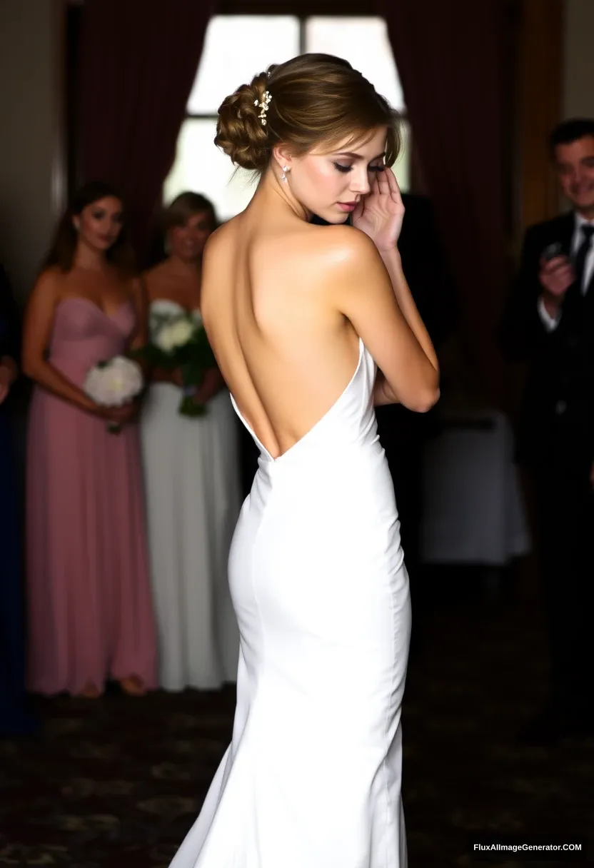 A short young woman, sensitive, delicate, ashamed, in a backless, strapless, side-less, low-waisted, open-back contouring wedding dress that seems like it's going to come undone, in front of patriarchy and expectations.