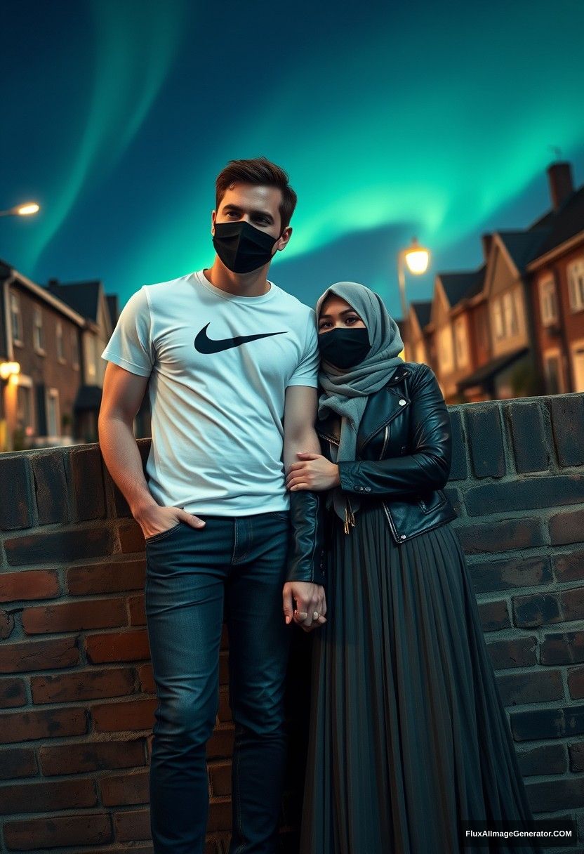 Jamie Dornan, tall and handsome, wearing a black face mask, a white Nike T-shirt, and jeans, on a romantic date with a beautiful Muslim girl in a grey hijab, who has beautiful eyes, a black face mask, a leather jacket, and a very long and wide skirt. She is not tall. They are holding hands, lying against a brick wall in a town, captured in a photorealistic style, street photography with full photography and selfie photos, under the night scenery with an aurora. - Image