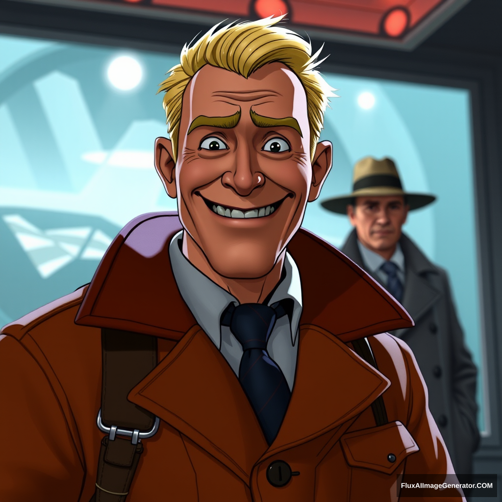 Desn McCoppin from Iron Giant enthusiastically smirking into the camera while an inconspicuous man in a trench coat is watching his every move in the background. - Image