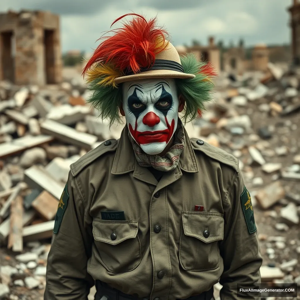 A very sad clown in an IDF uniform standing in the middle of ruins viewed from some distance. - Image