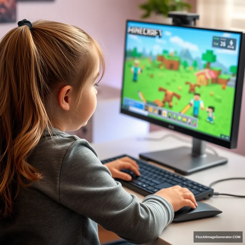 A little girl sitting in front of the computer playing Minecraft game.