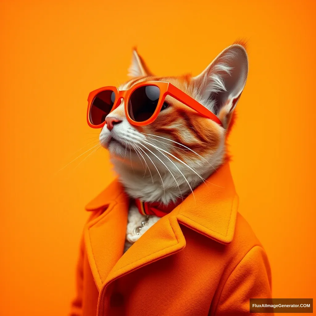 The best mobile wallpaper, Award-winning wallpaper, Portrait Photography, In front view is a portrait of a cute cat wearing 1960s mid-century space-age fashion, Side view shot, Shot with Canon EOS R5, Setting a stark contrast that accentuates the subject, Fluorescent orange shade, Wearing a very fashionable lounge coat and sunglasses are a hip 1960s style, Clothing all in one color, Beautiful background.