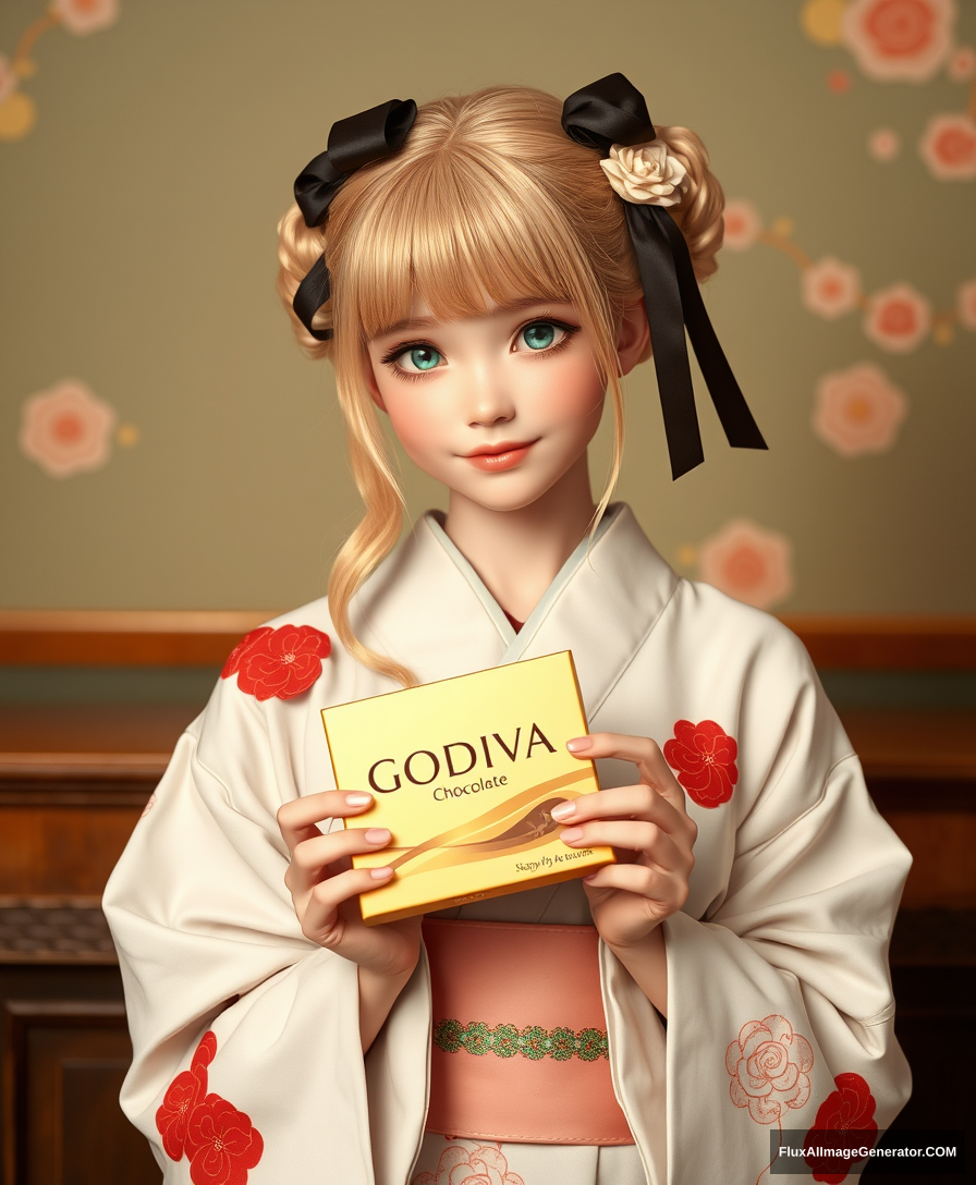 Godiva chocolate, a blond girl in a kimono is holding it.