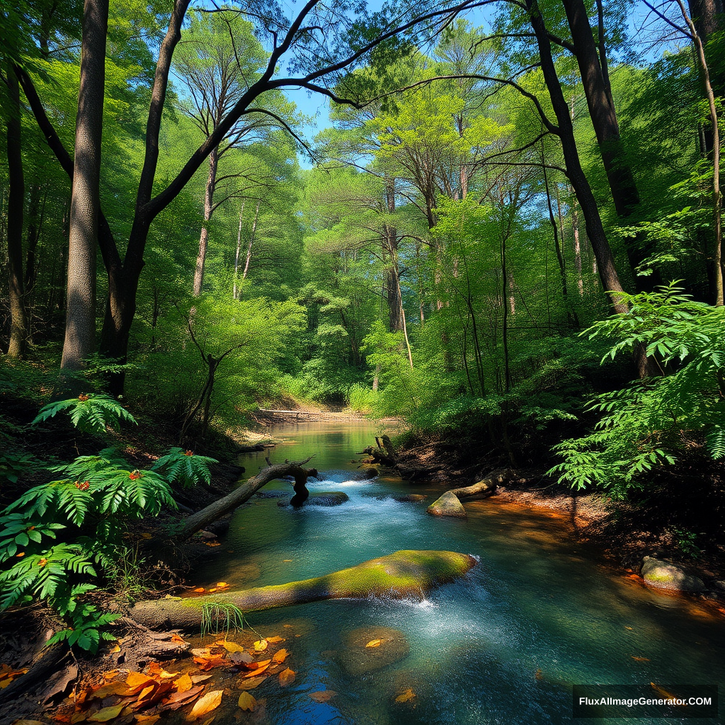 dream think A dense forest filled with various types of trees, a small stream flowing out from the center of the forest. The water of the stream is crystal clear, reflecting the blue sky and the surrounding greenery. There are fallen leaves and branches floating on the surface of the stream. The forest is alive with the sounds of birds and insects. --hd --v 5