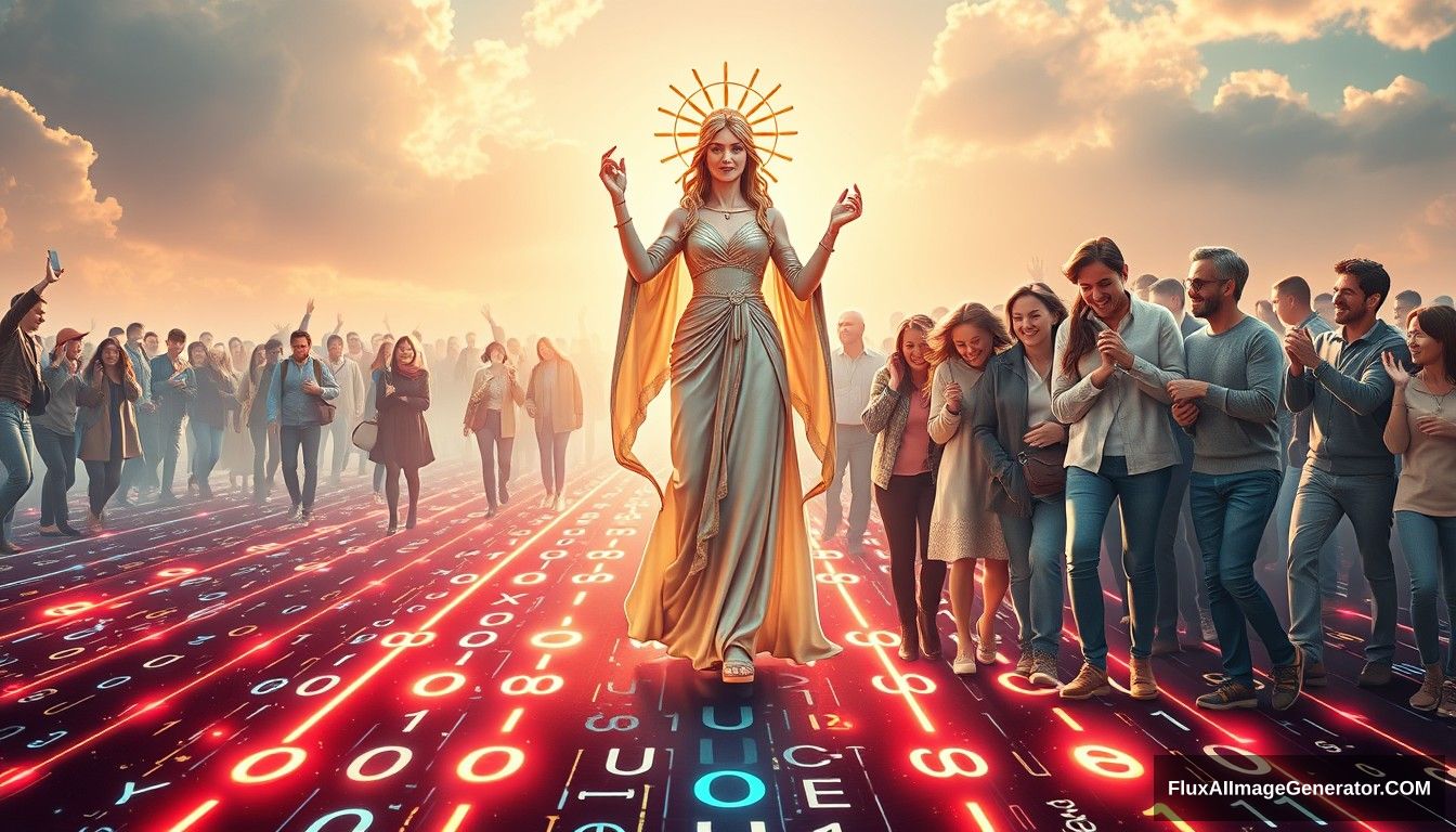 Hyper-realistic style featuring a powerful and inspiring image depicting the concept of blockchain and decentralization. In the foreground, a futuristic and sci-fi styled goddess symbolizing blockchain and decentralization leads the people towards a bright future. She stands on a digital road made of glowing lines and various random characters, including 0s and 1s, symbolizing the path of digitalization. She is surrounded by families and individuals of predominantly European descent who are joyous and supportive, embracing and helping each other. The scene is grand and panoramic, with light shining from the front, illuminating the entire scene. The background evokes a sense of hope and optimism.