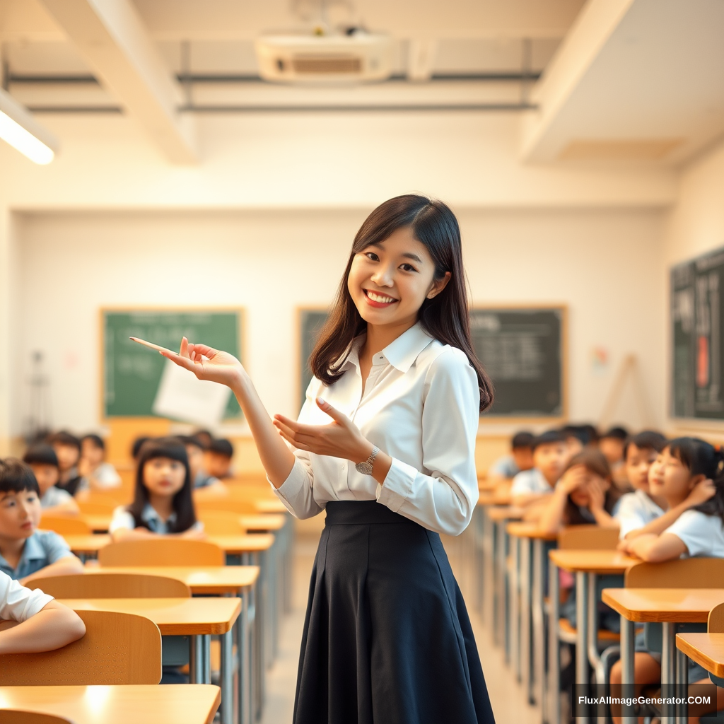 A bright and airy classroom with a warm glow emanating from the overhead fluorescent lights. A female teacher, dressed in a crisp white blouse and dark skirt, stands at the front of the room, smiling warmly at her students. She gestures gently as she writes on the chalkboard, surrounded by rows of desks and chairs filled with eager young faces. Japanese. - Image