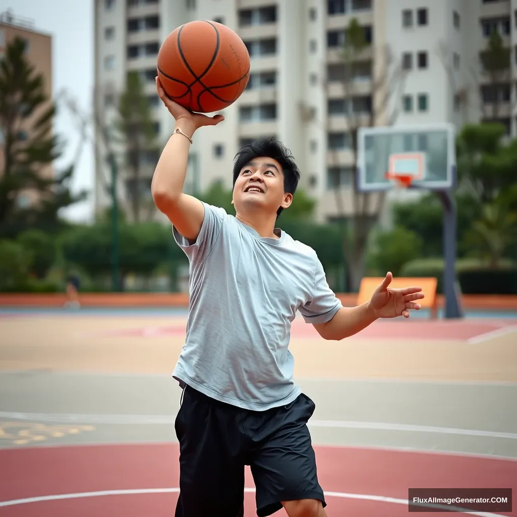 A Chinese middle-aged man playing basketball on the playground.