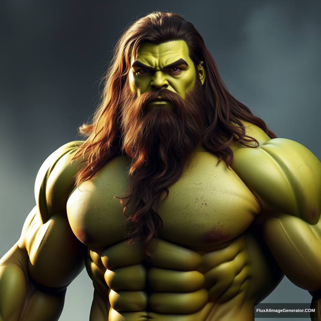 Full body picture of a long brown-haired, short-bearded guy as HULK with a lot of hair on the middle of his chest.