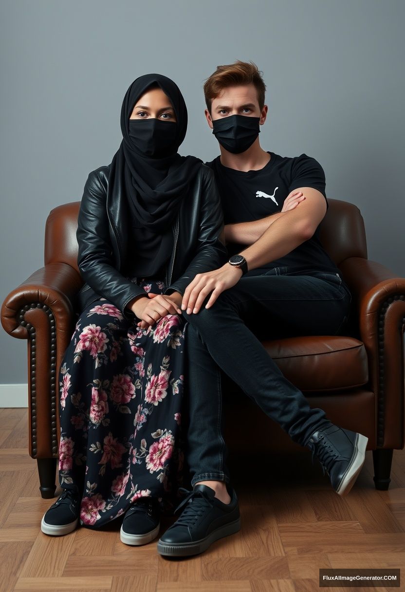 A biggest black hijab girl, slim girl, beautiful eyes, face mask black, black leather jacket, biggest floral long dress, black leather sneaker, sitting on leather single wing sofa, Jamie Dornan, youngest, puma black T-shirt, jeans, black leather sneaker, tall man, face mask black, fit body, sitting near her, hyper realistic, studio photography.