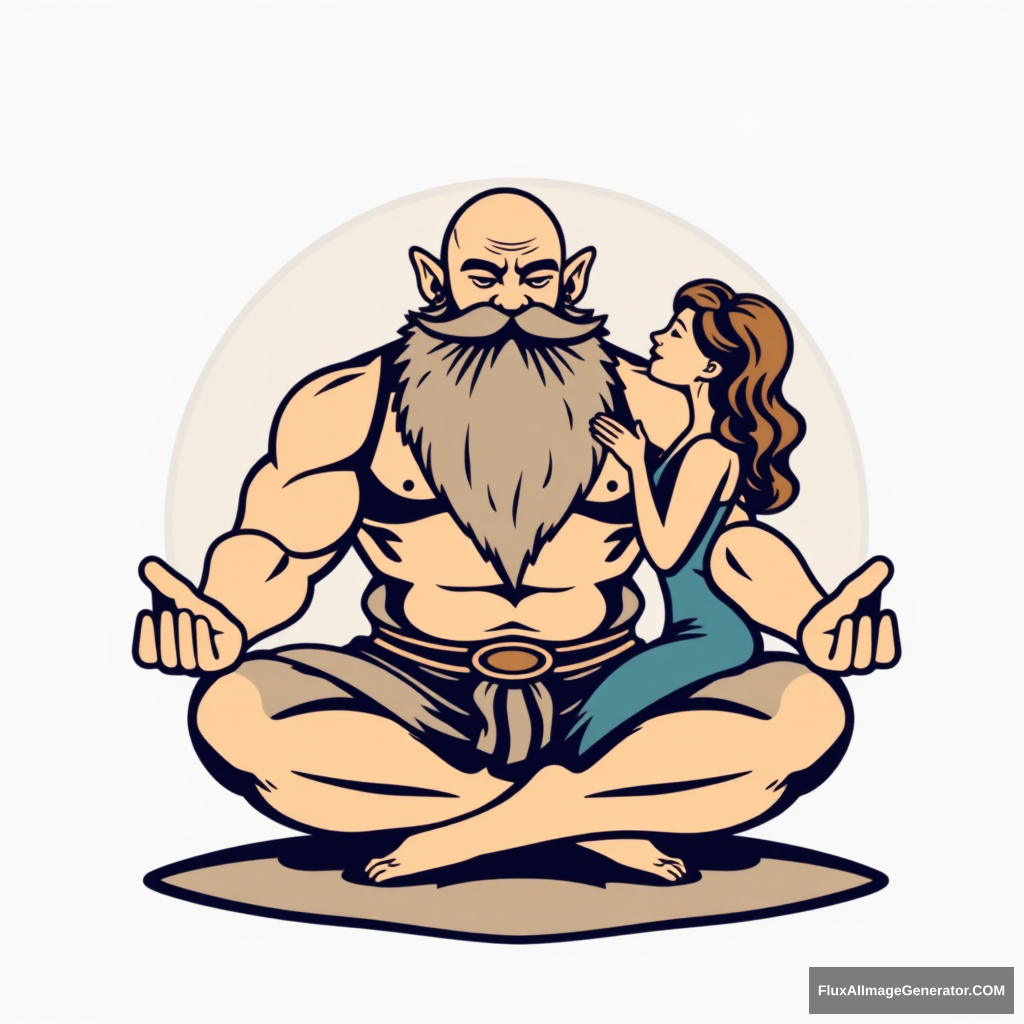 Yoga Center logo: a muscular large bald dwarf with a beard in the lotus position flirting with a woman.