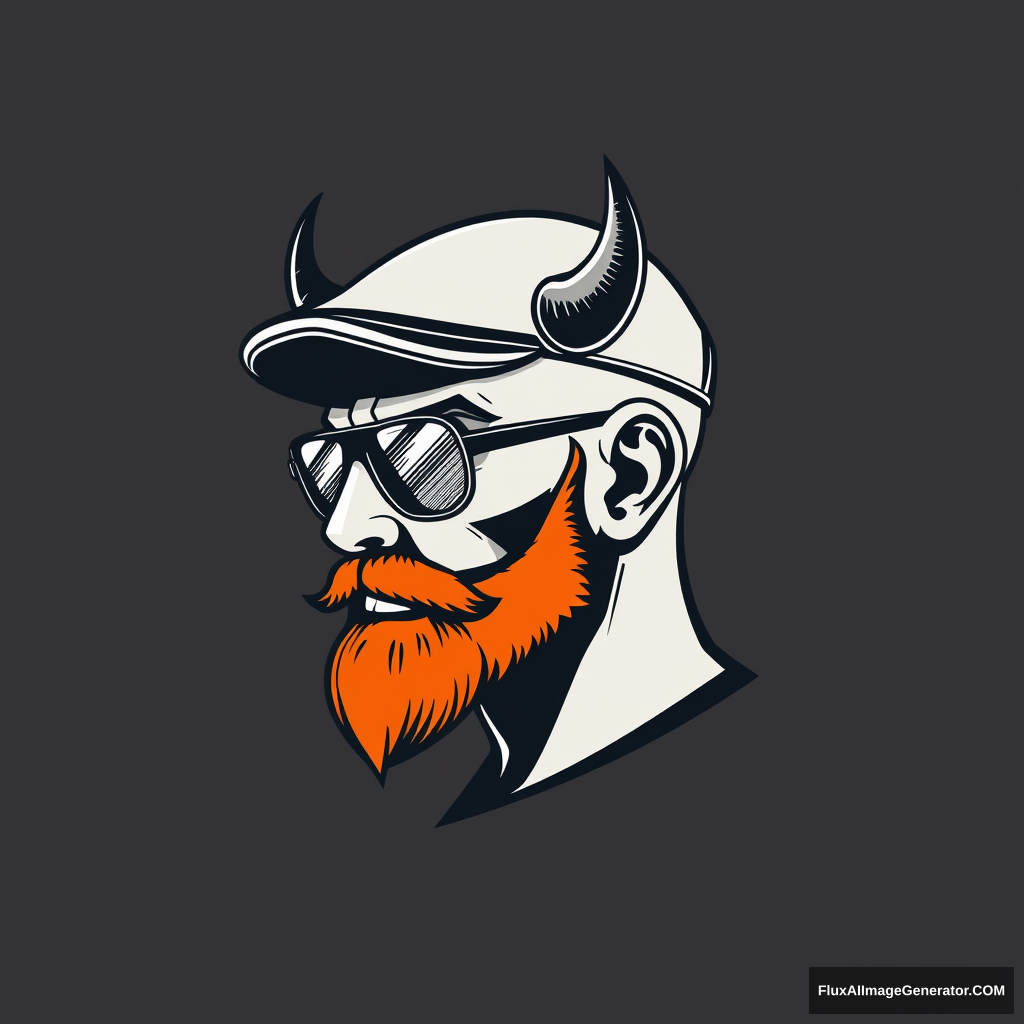 Sleek vector logo design: bald human male, three-quarter view, with demonic horns and short trimmed fiery ginger beard. Minimalist flat cap and aviator glasses. 3D printer layer lines texture. Monochromatic color scheme with bold negative space. Retro-futuristic feel, evoking 1980s cyberpunk aesthetics.