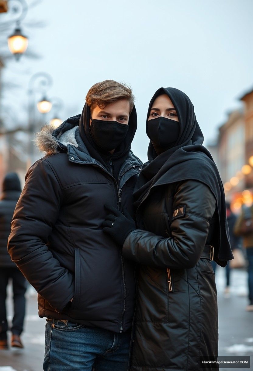 Jamie Dornan, handsome, young, wearing a black face mask, snow jacket, jeans, on a romantic date with the beautiful Muslim girl in a big black hijab, who has beautiful eyes, also wearing a black face mask and a black leather jacket, standing together in a winter scenery in town, photorealistic street photography.