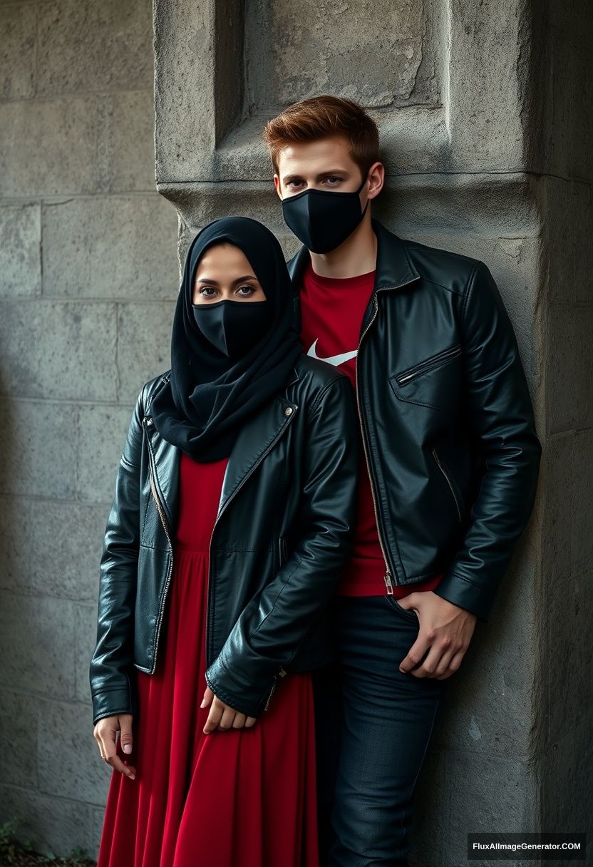 A biggest black hijab girl, beautiful eyes, face mask black, black leather jacket, biggest red longest dress, untall, standing near him,

Jamie Dornan, handsome, youngest, face mask black, fit and tough body, Nike red t-shirt, black leather jacket, jeans, tall man, laying at wall,

Hyper realistic, photorealistic, studio photography, Victoria's abandoned castle, gloomy.