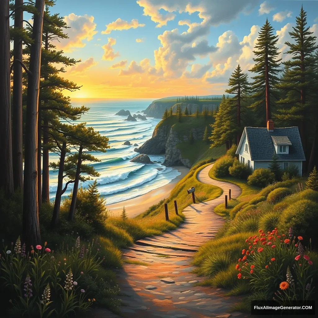 Winding forest path leading to a beach with crashing waves, a cozy white cottage, wildflowers and trees, sunset with clouds, cliffs, very detailed painting by Paul Corfield. - Image