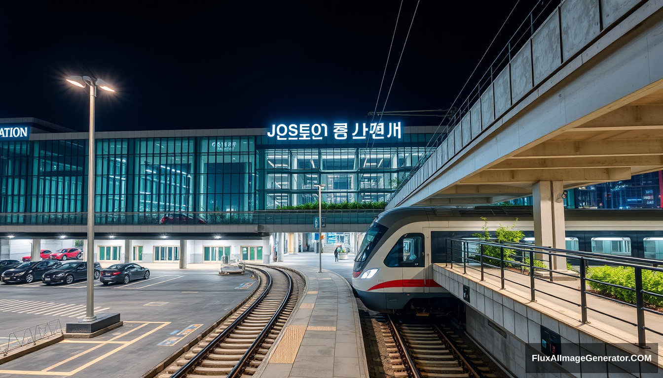 A photo of the exterior view from outside, showing modern architecture and glass curtain walls at night time of Seoul's Joseon Station on Gineos Expressway in Korea. The station is surrounded by buildings such as parking lots with cars parked near it, entrance doors to the building, a bridge over tracks, and concrete walkways leading up to one side of the platform level, which has a black metal guardrail and green plants. In front of the train docked inside the railway in the style of Sony A7R IV camera.