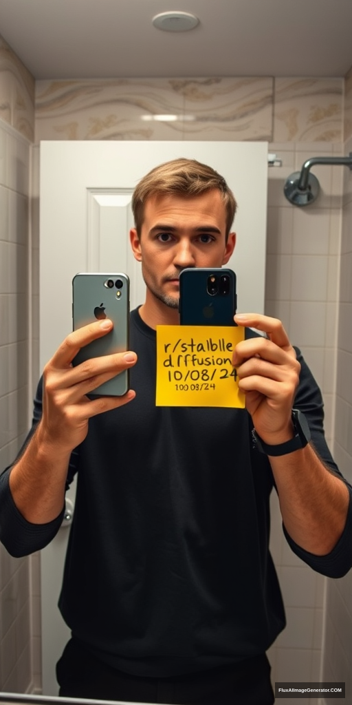 Man in a meticulously detailed bathroom, capturing a mirror selfie with the latest iPhone. He's holding a vibrant yellow post-it note displaying "r/stablediffusion" and "10/08/24". Hyper-realistic style with precise lighting, reflections, and textures. Verification-style composition, natural color palette. Subtle tension in expression, modern tech-savvy atmosphere. - Image