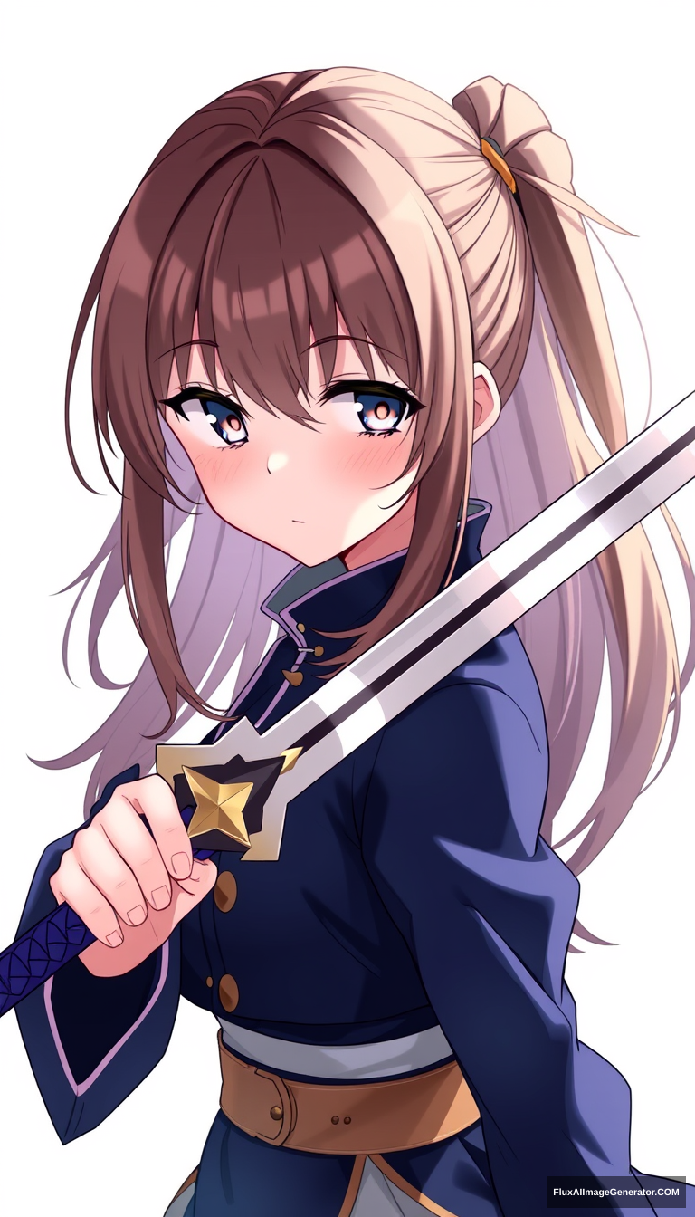 Anime girl with a unique sword. Brown hair and dark blue clothing. Holding it correctly. Short blade. - Image