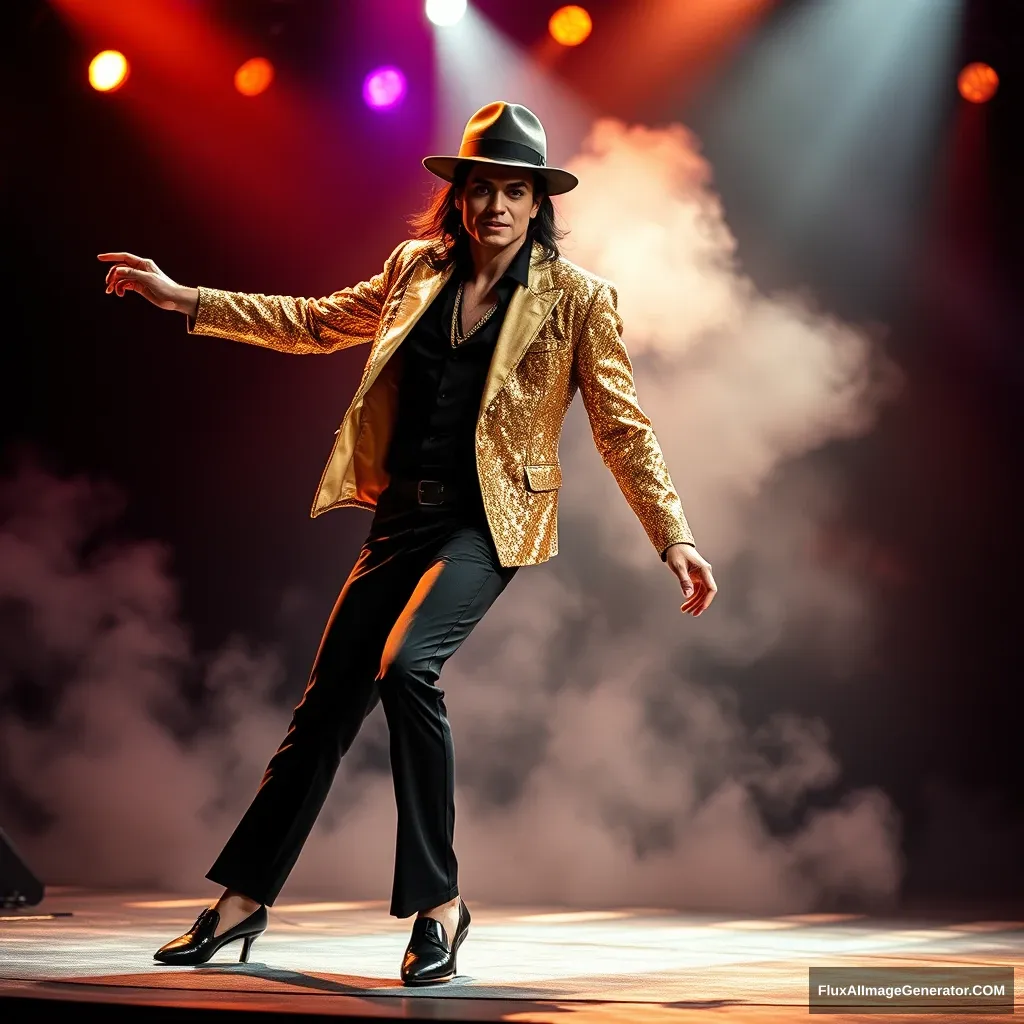 Here is a prompt generated for you about Michael Jackson:

Depicting a stage superstar, he wears a stunning gold sequined jacket, fitted black trousers, and the iconic fedora on his head, his dance moves are agile and powerful. His complexion is fair, with deep and emotive eyes; beneath his high nose, his lips are slightly curled into a charming smile. His hair flows smoothly down, swaying gently as he dances. The stage lights flash, smoke fills the air, and he seems to come alive from a dream, with a group of passionate dancers behind him. His voice is soaring and passionate, resonating throughout the venue, each note filled with deep emotion and fervor, as if telling captivating stories. He is Michael Jackson, a legend of world pop music, the eternal king.