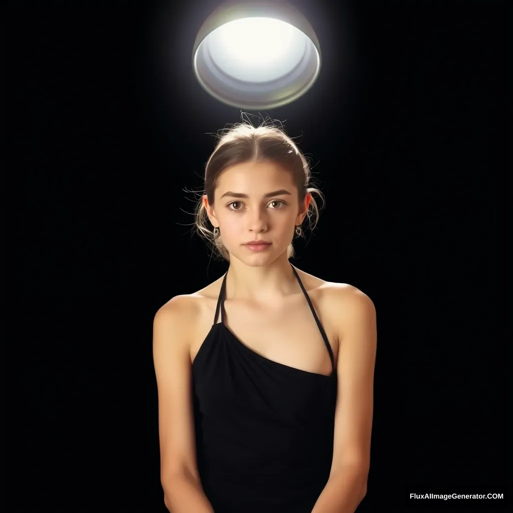 Background: Black background and a beam of light overhead, soft lighting. Light focused on the girl's face. A 24-year-old girl looked at me. The girl was wearing a graceful halter top. Full body portrait, sitting on a black stool. - Image