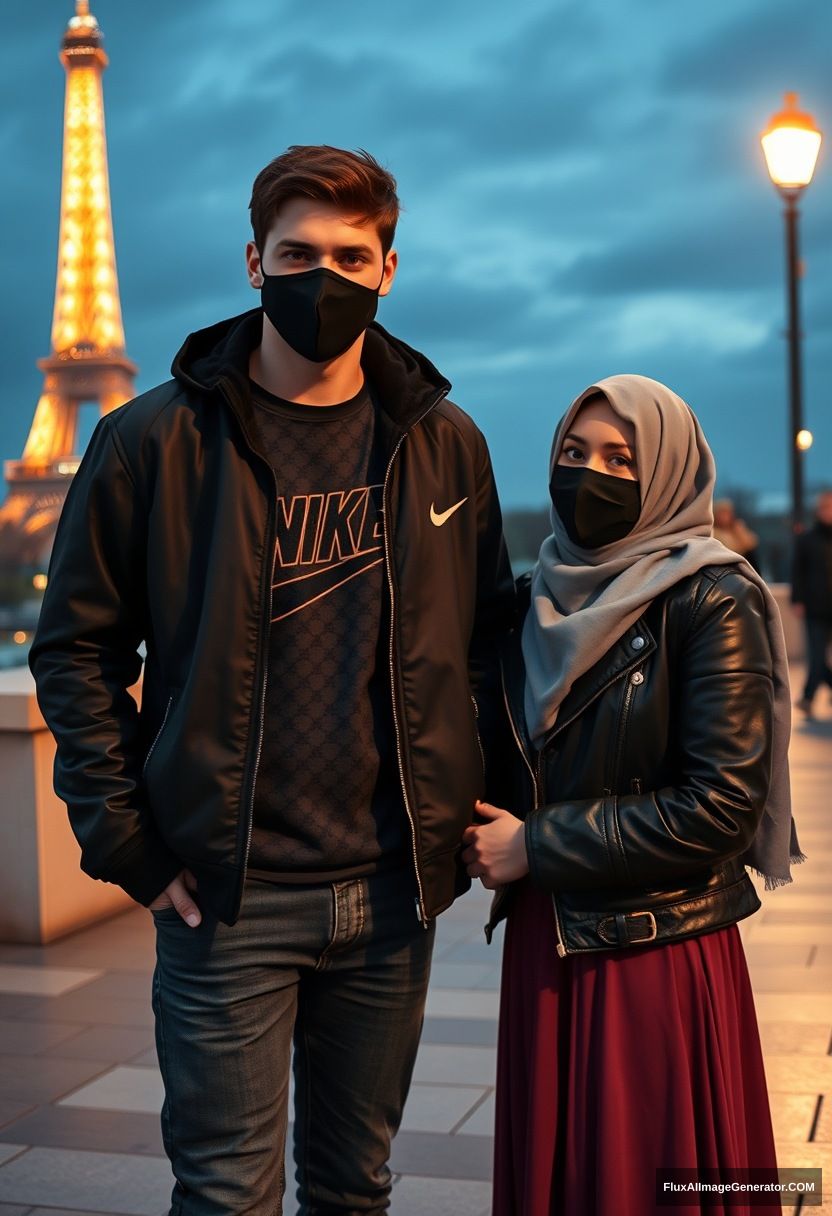 Jamie Dornan, youngest, black face mask, collage jacket, Nike t-shirt, jeans, tall man, fit body,

Dating, love with the biggest grey hijab Muslim girl, beautiful eyes, black face mask, leather jacket, biggest longest skirt, cute short girl,

standing near the Eiffel Tower, night scenery, hyper-realistic, photorealistic, street photography. - Image