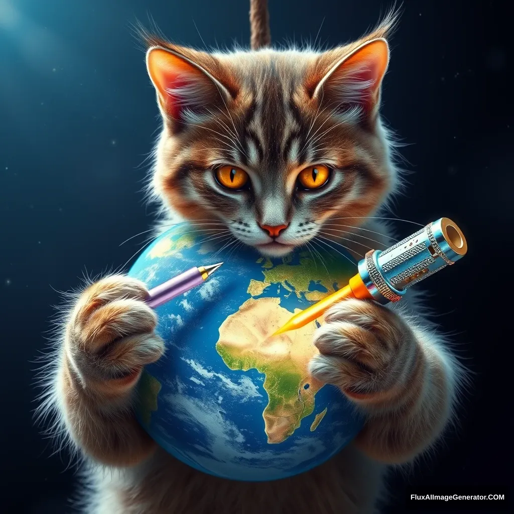 A hyper-realistic cosmic feline mechanic, fur glistening with stardust, meticulously repairs an azure Earth-like planet. Golden eyes focused, paws deftly wield an iridescent quantum screwdriver. Suspended in the velvet void of space, the scene exudes determination and hope for universal harmony. - Image