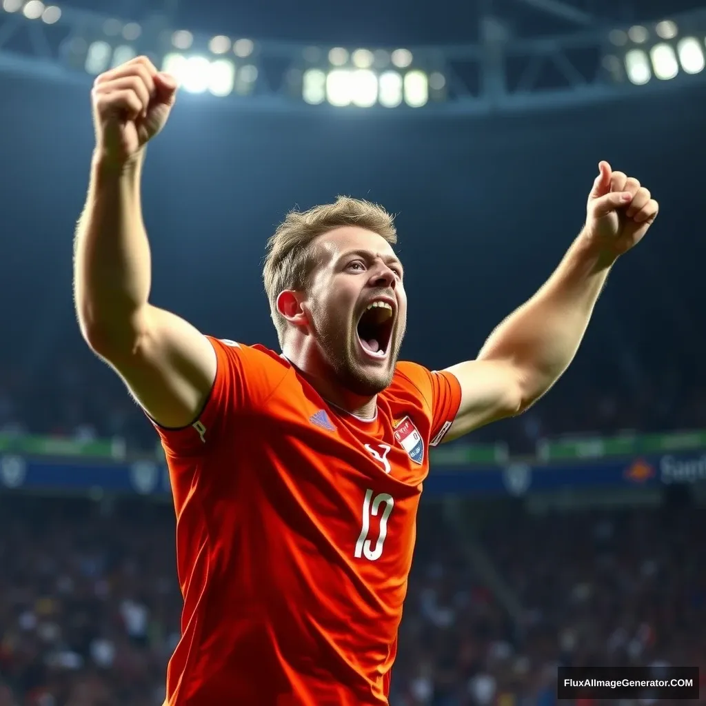 I want a picture-like image of Bram van Polen celebrating the winning goal in a World Championship match for the Netherlands.