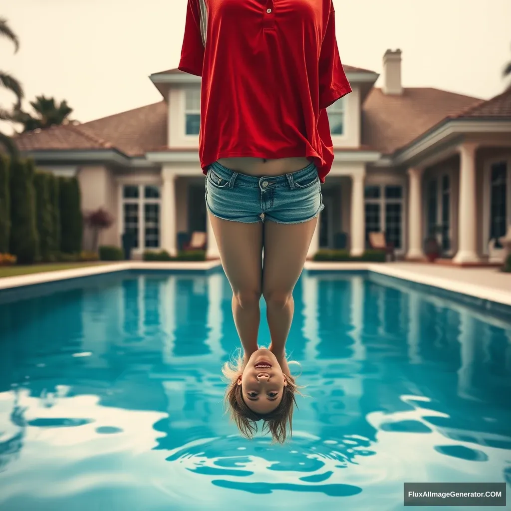 Front view of a young blonde skinny woman in her early twenties in her massive backyard, wearing an oversized red polo t-shirt that's slightly off balance on one shoulder. The bottom part of her t-shirt is tucked in on all sides. She is also wearing small light blue denim shorts and no shoes or socks. She jumps into her luxurious pool head first, going upside down with her head already underwater. - Image