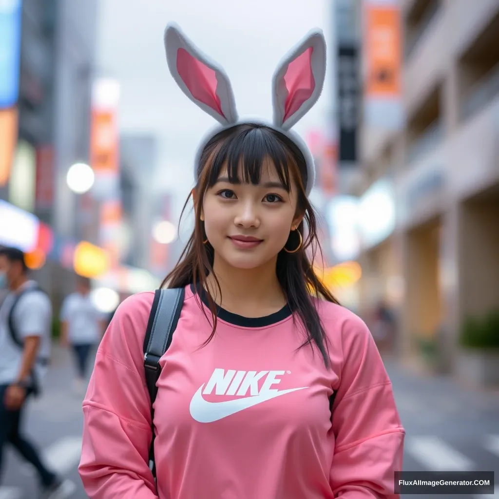 Asian woman, wearing bunny ears, dressed in Nike.