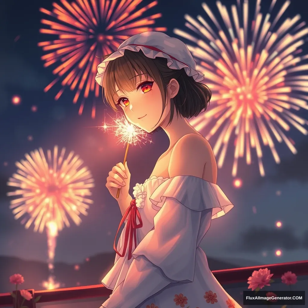 shine light, masterpiece, best quality, beautiful detailed, finely detailed, (((1 girl))), ((((solo)))), ai night, fireworks, summer, - Image