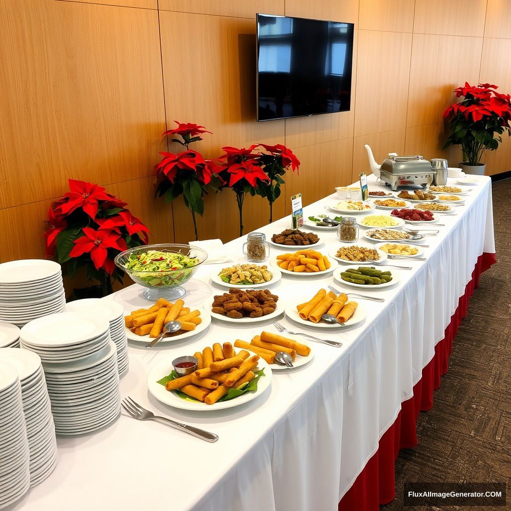 Photograph of a buffet setup with a variety of dishes on a long table covered with a white tablecloth and a red skirt. The table includes plates of salad, fried food, and spring rolls, with utensils and condiments neatly arranged. There are stacks of plates and bowls on the left side, along with a stack of napkins and silverware. The background features a wooden panel wall with a mounted TV, and red poinsettia plants adding a festive touch. The overall atmosphere is elegant and organized, ready for guests to enjoy.