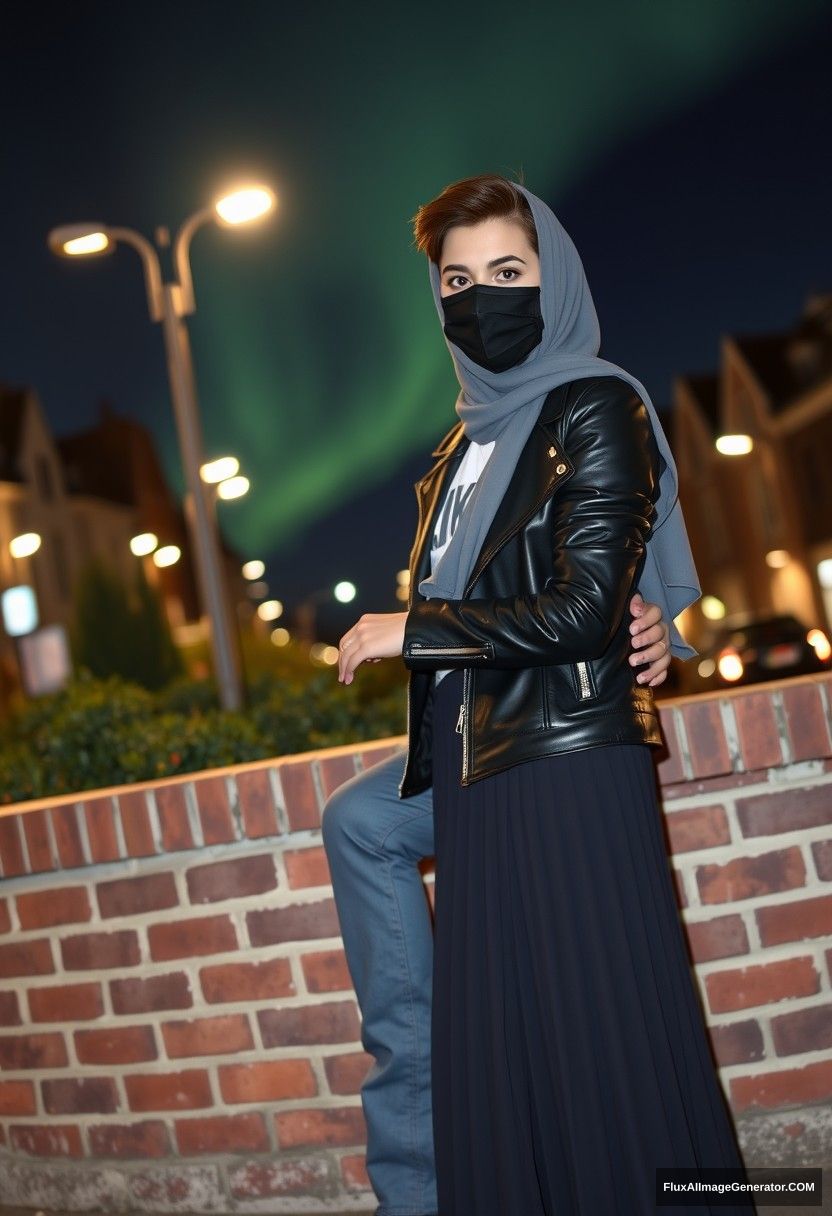 Jamie Dornan, tall, young, wearing a black face mask, a white Nike t-shirt, and jeans, 

dating a romantic relationship with a grey hijab-wearing Muslim girl, beautiful eyes, wearing a black face mask, a leather jacket, and a very long and big skirt, not a tall girl, 

standing together at a brick wall in town, photorealistic, street photography, selfie photos, night scenery, aurora borealis. - Image