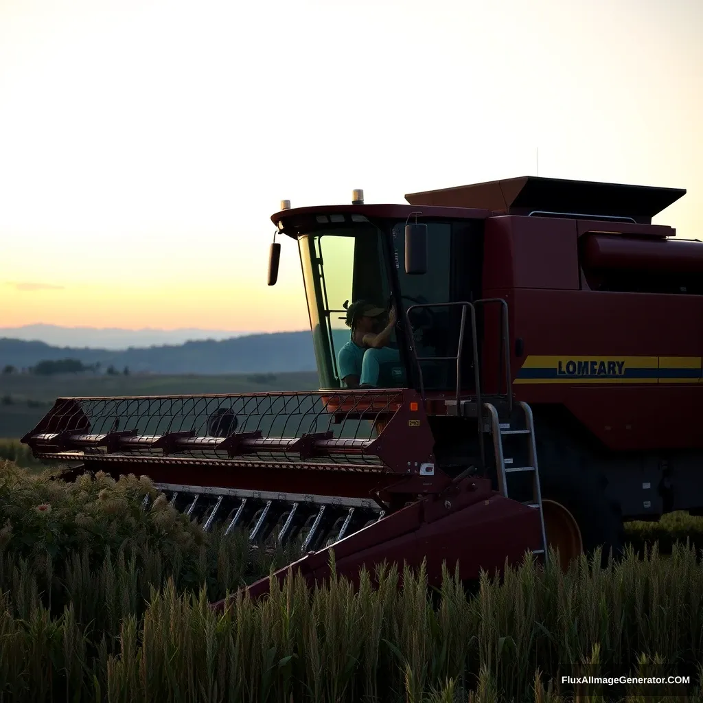 A Roman legionnaire operating a combine harvester at dusk in Tuscany.