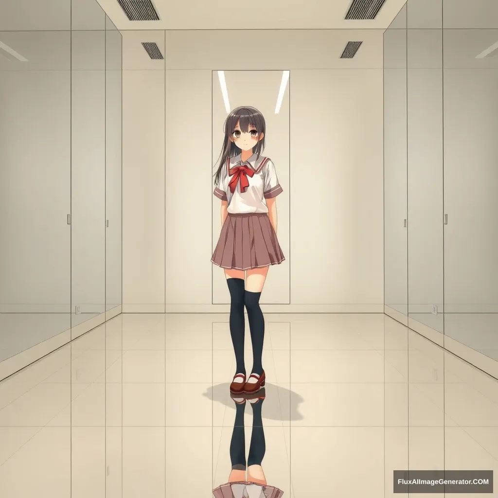 A room with a mirrored floor and mirrored walls, with a Japanese schoolgirl in a short skirt inside.