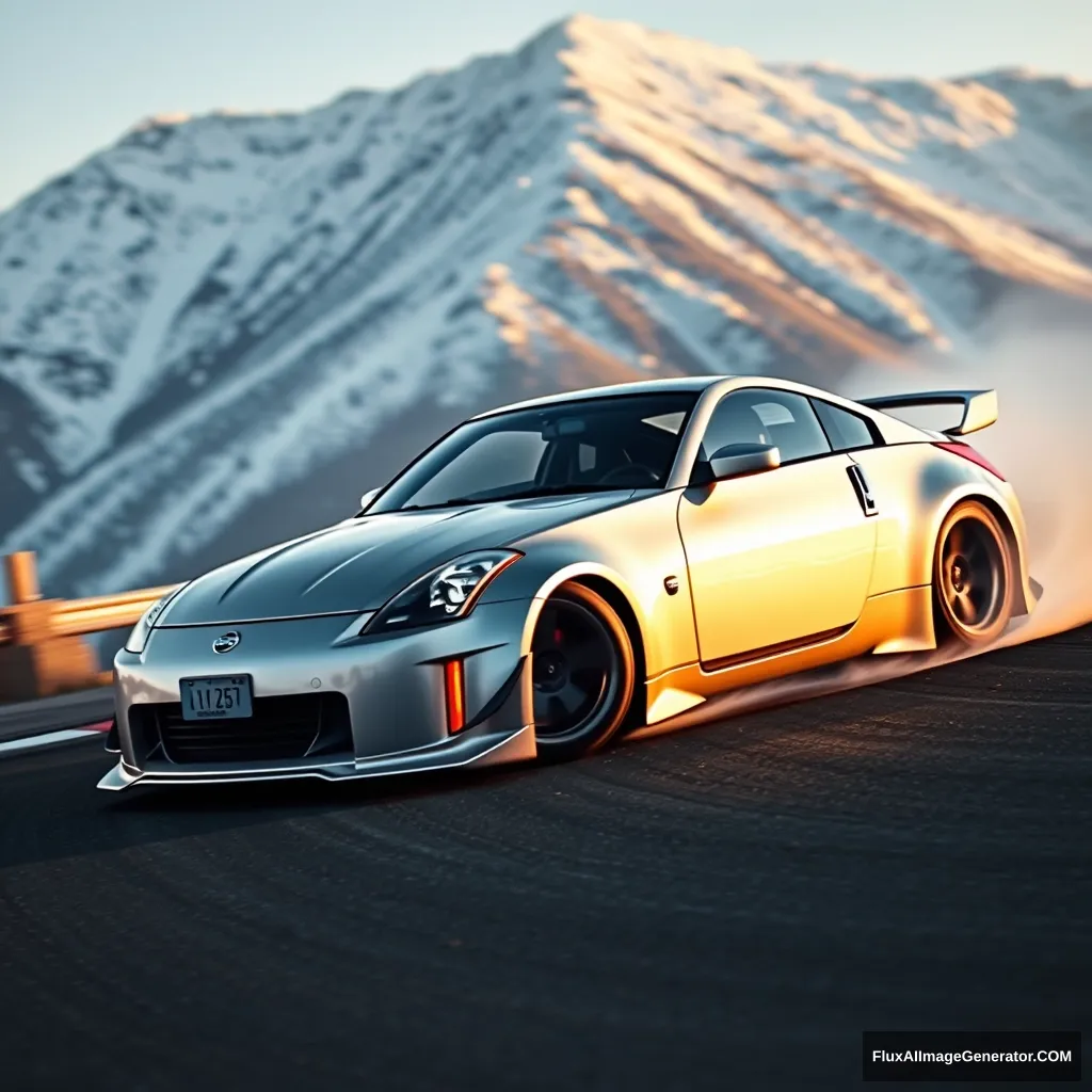 Create an image of a silver Nissan 350z drifting on a Japanese mountain.