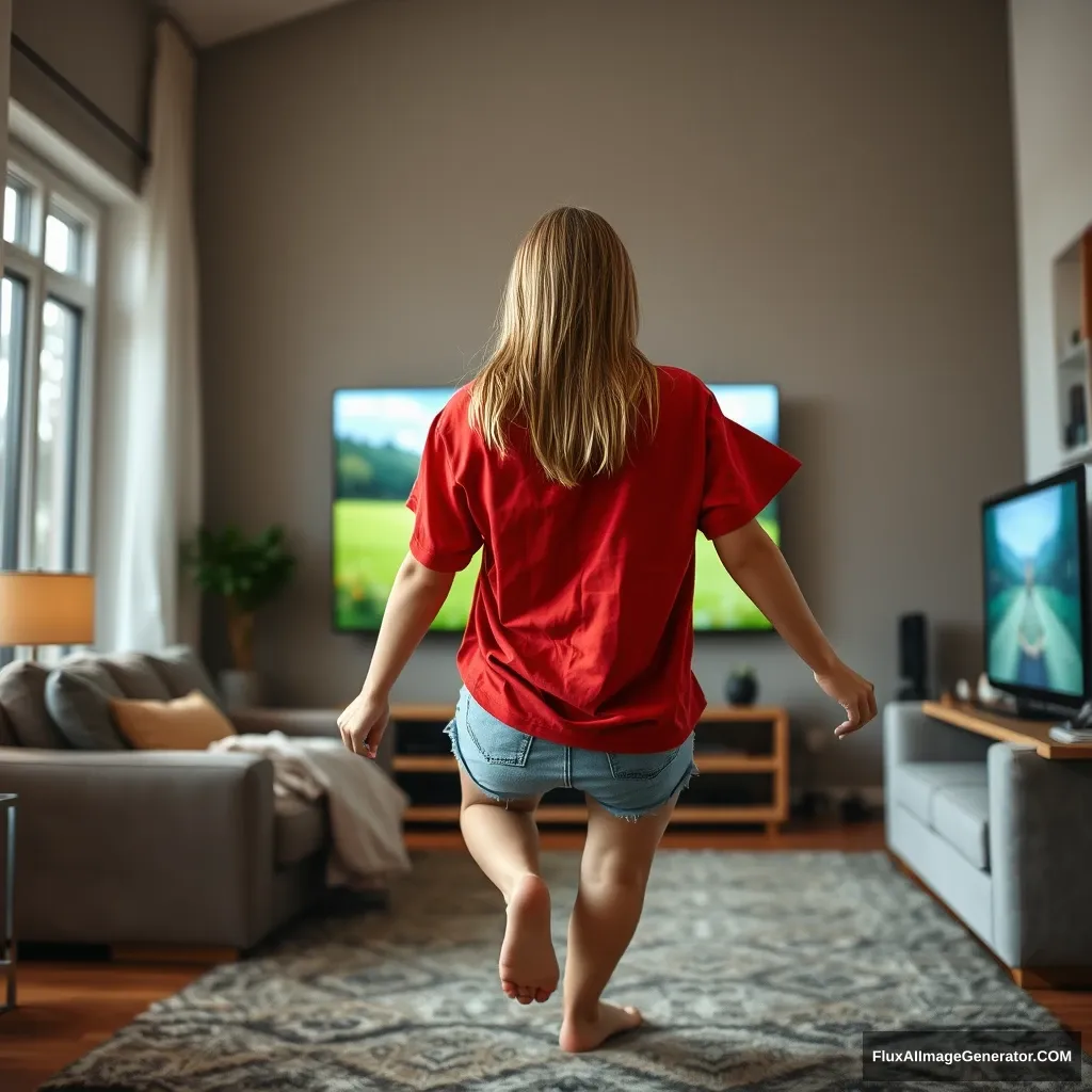 Back view of a young blonde skinny woman who is in her early twenties is in her massive living room wearing a massively oversized red polo t-shirt that is really off-balance on one of the shoulders. The bottom part of her t-shirt is tucked in, and she is also wearing light blue denim shorts. She is barefoot and faces her TV with a shocked expression before diving into the magical screen headfirst. - Image