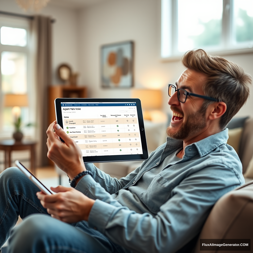 Create an immersive, hyper-realistic image of a homebuyer comparing their agent's value and services on a tablet. The digital screen should show a detailed comparison chart. The homebuyer, dressed in casual attire, should be sitting in a cozy living room with an excited expression, while the background features warm, inviting decor and natural light, emphasizing the clear understanding of their agent's value.