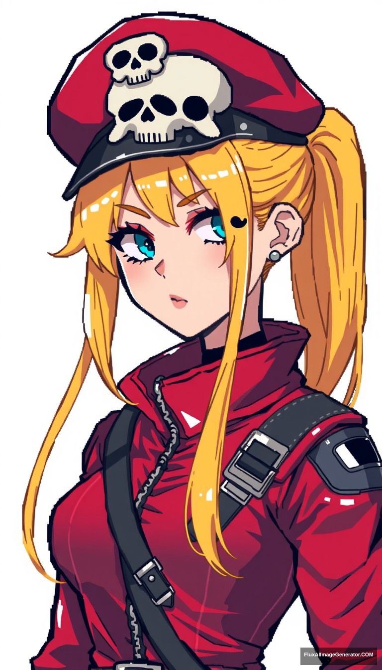 female, pixel art, Feel like a villain, Long face shape, anime style, pixel art, super glamorous space female pirate wearing a beret with skull decoration on head, Clothes made of shiny vinyl, red spacesuit, Ponytail Hairstyles, full upper body, The background is a simple white color, gold hair color, Feel like a villain - Image