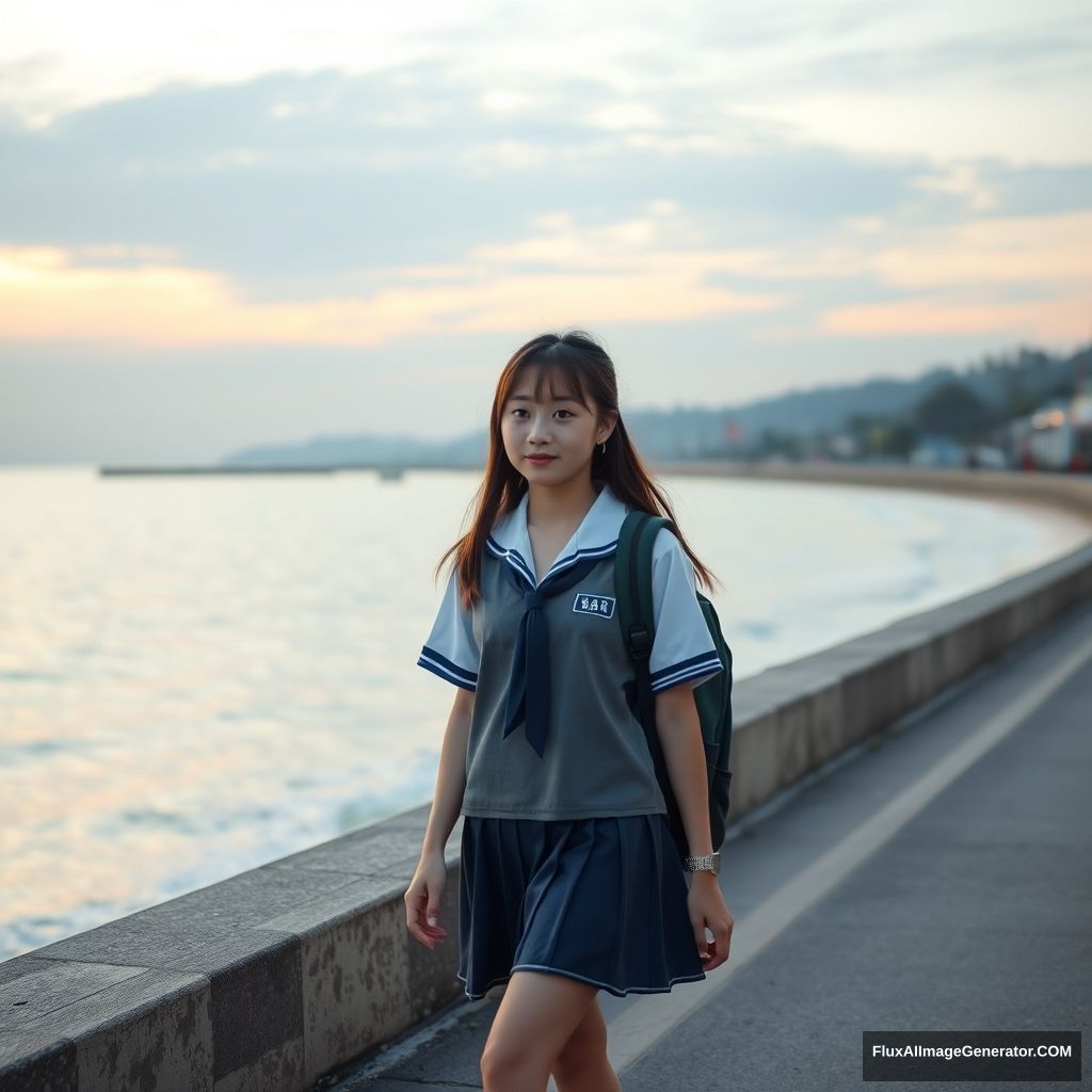 A female student walking by the seaside, beach, dusk, Chinese, street, Chinese school uniform, 14 years old.