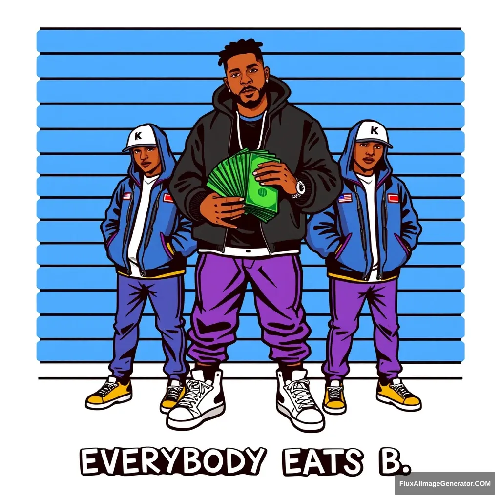 The central figure is holding a stack of green bills, while all three are wearing sneakers and have a modern, urban style of dress. The two figures on the sides are wearing blue jackets and purple pants. A series of horizontal blue stripes serves as the backdrop, and there’s text at the bottom written in white capital letters against a black background: “EVERYBODY EATS B.” 📸