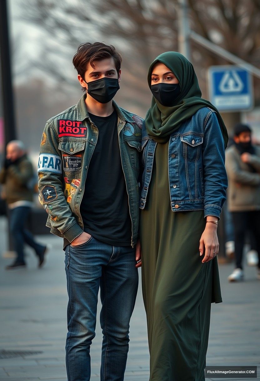 Jamie Dornan, young, black face mask, black T-shirt, riot collage jacket, jeans, red sneakers, dating romantically with a beautiful army green hijab-wearing Muslim girl, beautiful eyes, black face mask, denim jacket, longest skirt, not tall girl, photorealistic, street photography, full photography.