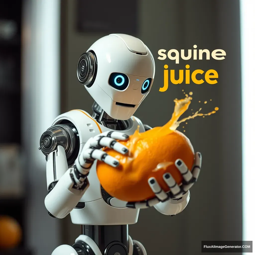 Robot squeezing an orange and taking juice splash advertisement. - Image