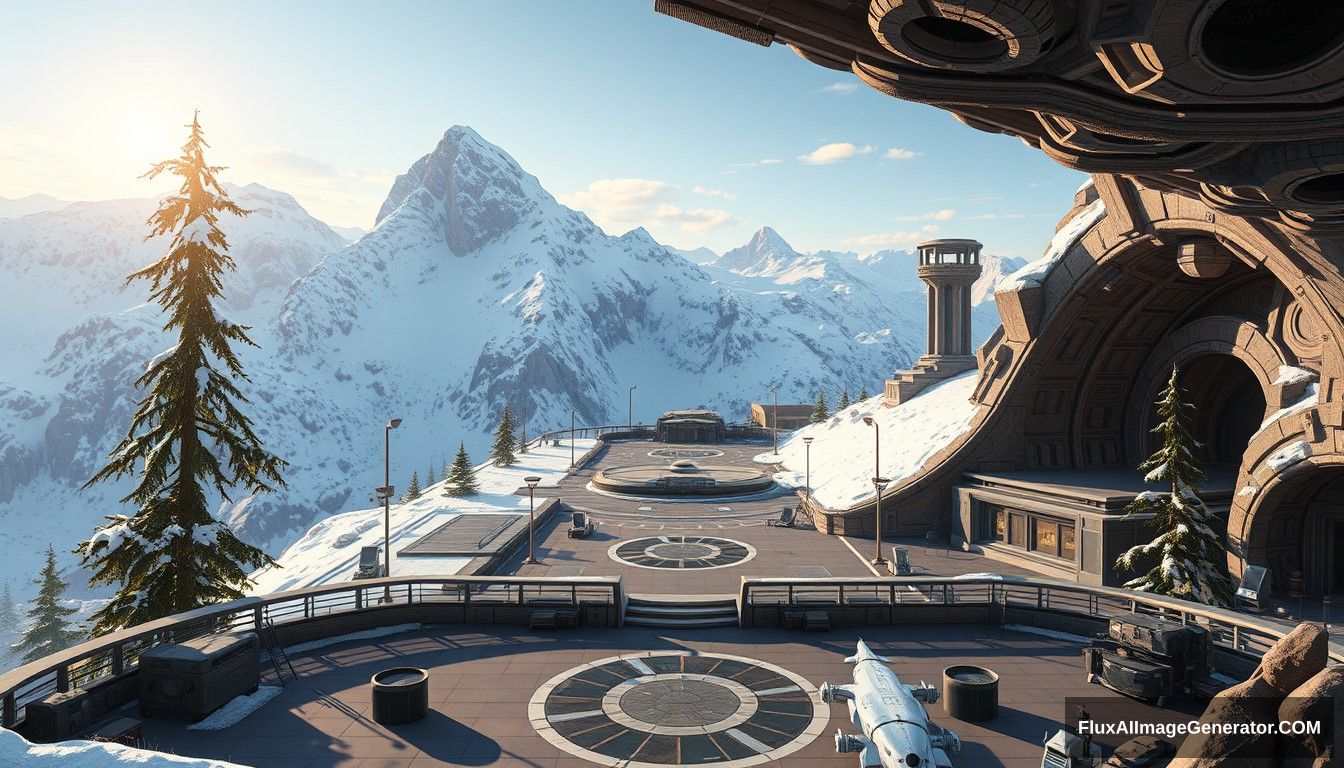 Cel-shaded art, wide shot, a sci-fi center on the top of a snow-covered mountain, open air, close look, cyberpunk, military base, Star Wars style, indoor, patio, morning, sunlight, fortress, mountain, rock, snow, tarmac, parking apron, cave, tree, landing field, cliff, round shape, tower.