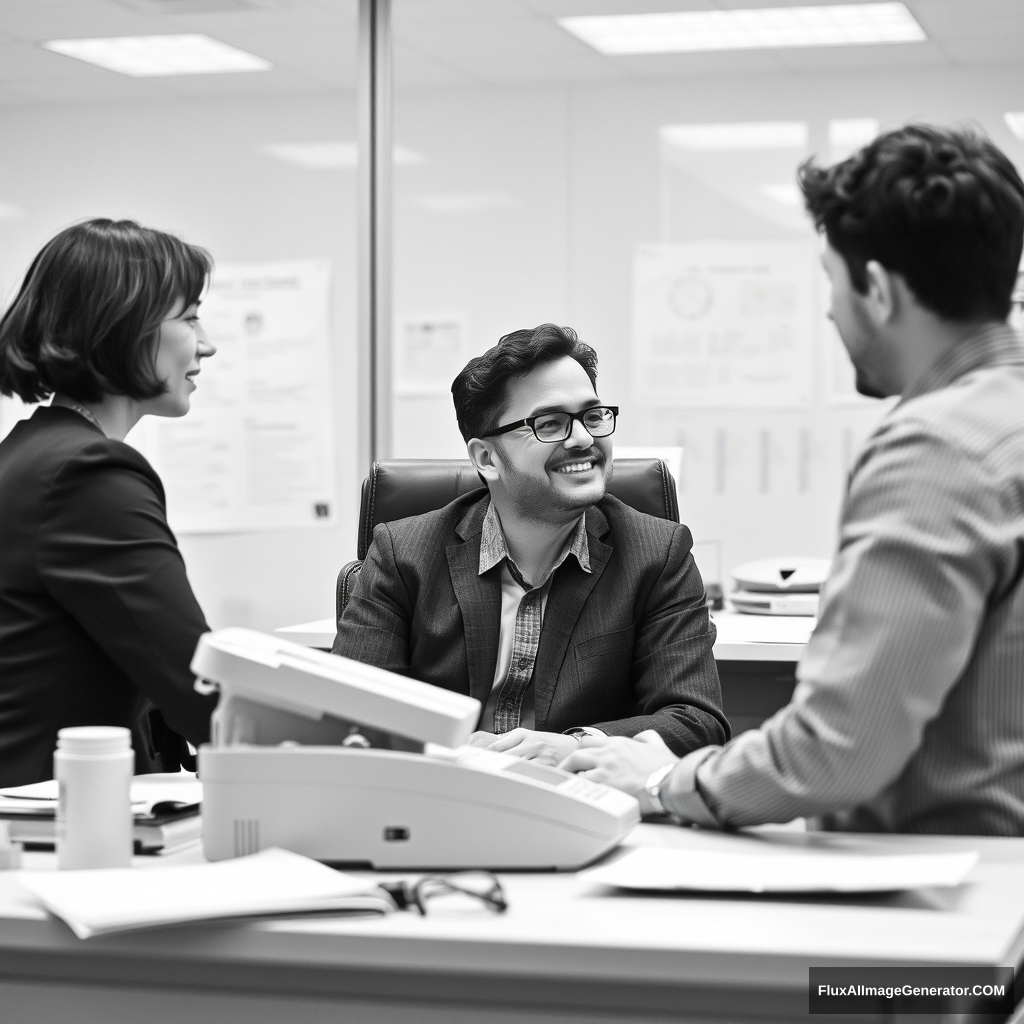 black and white picture  
4 people chatting at work.  
a chair under a desk  
wearing his glasses  
copy machine   - Image