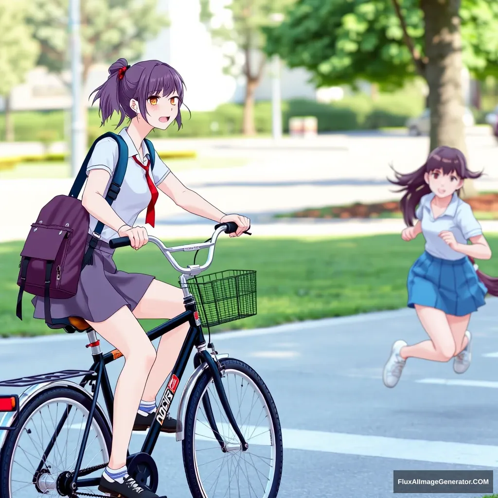 A female student is riding a bicycle in a short skirt, while another girl is running behind her. - Image