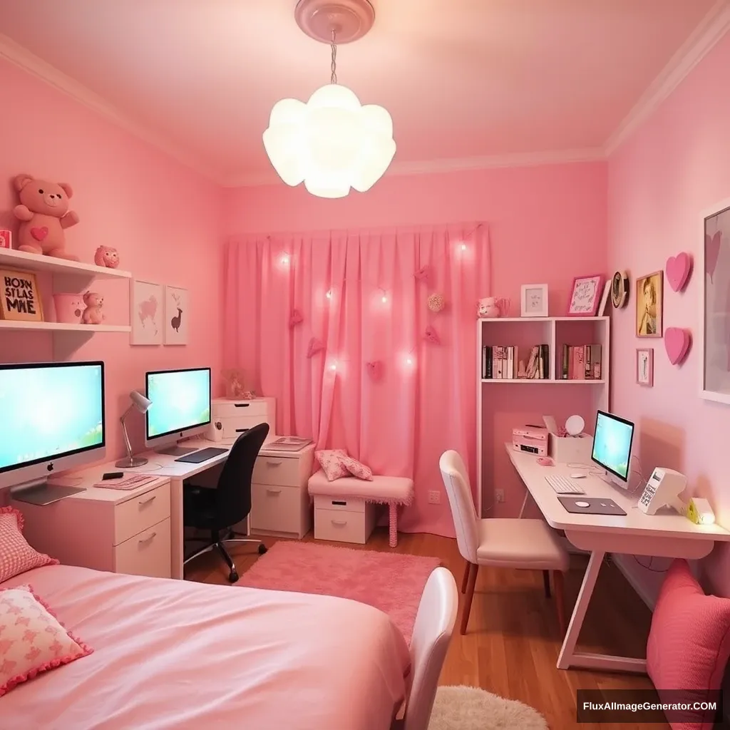 Make a girl’s room warm and cozy, complete with pink-toned furniture and decorations including computers, mobile phones, pillows, tables, and chairs.