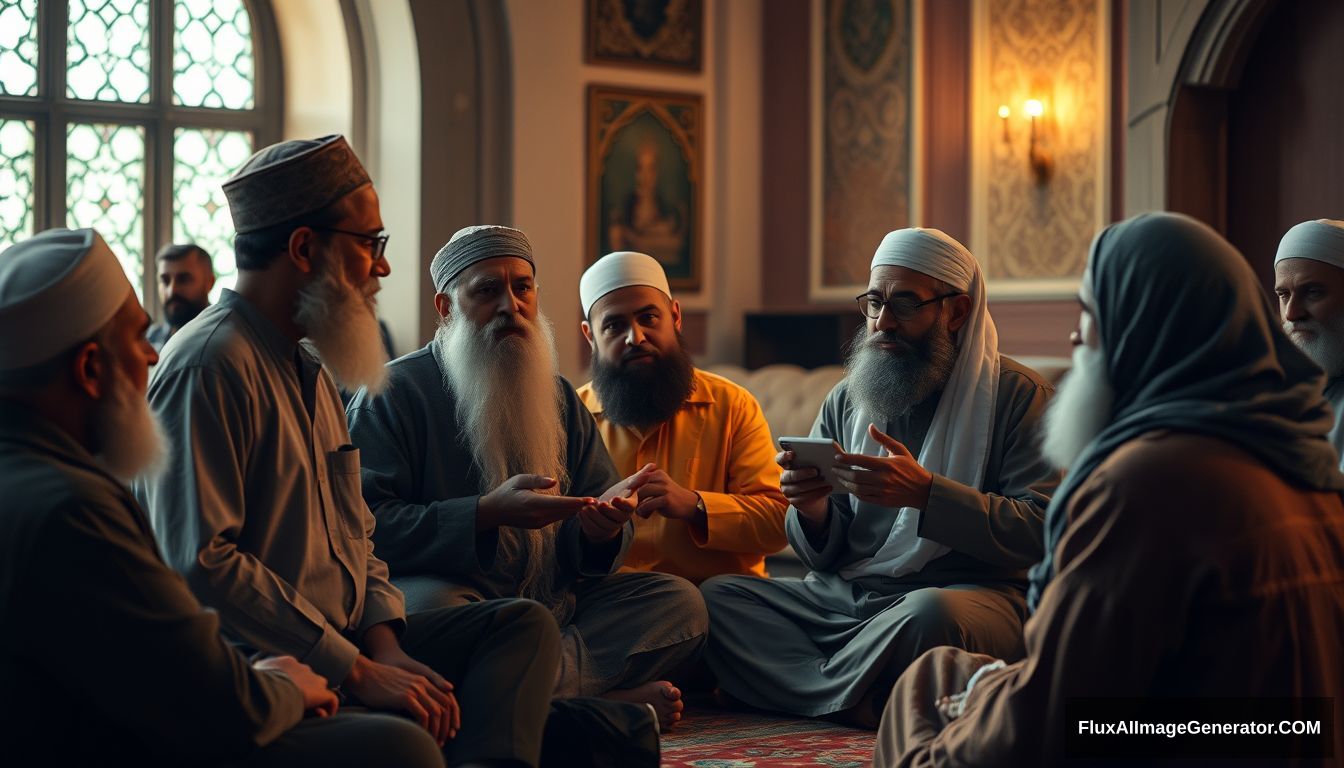 A group of Muslims discussing in an Ultra HD, realistic, educational setting with warm and cinematic lighting.