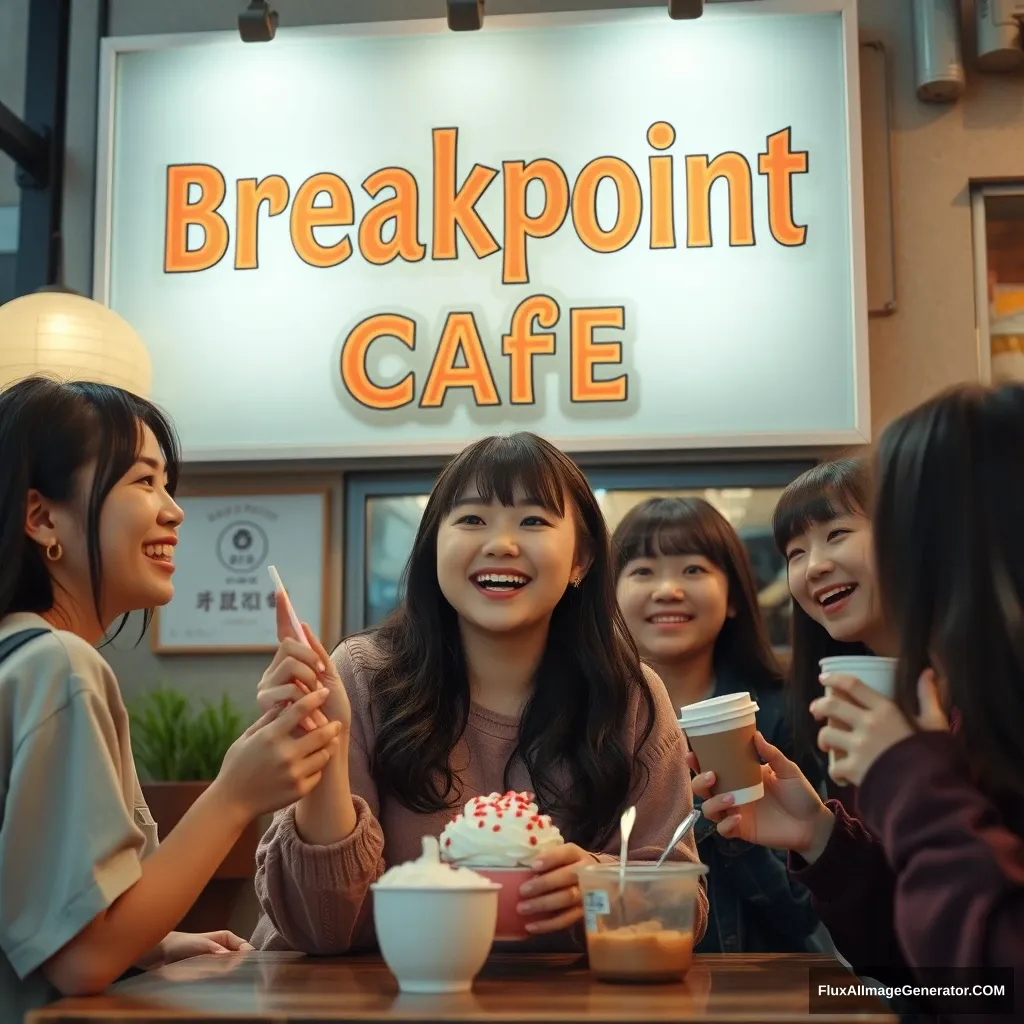 "Imagine a scene where a Japanese female student is happily having a party with her friends in front of the sign at Breakpoint Cafe, enjoying bingsu, Japanese ramen, and coffee."