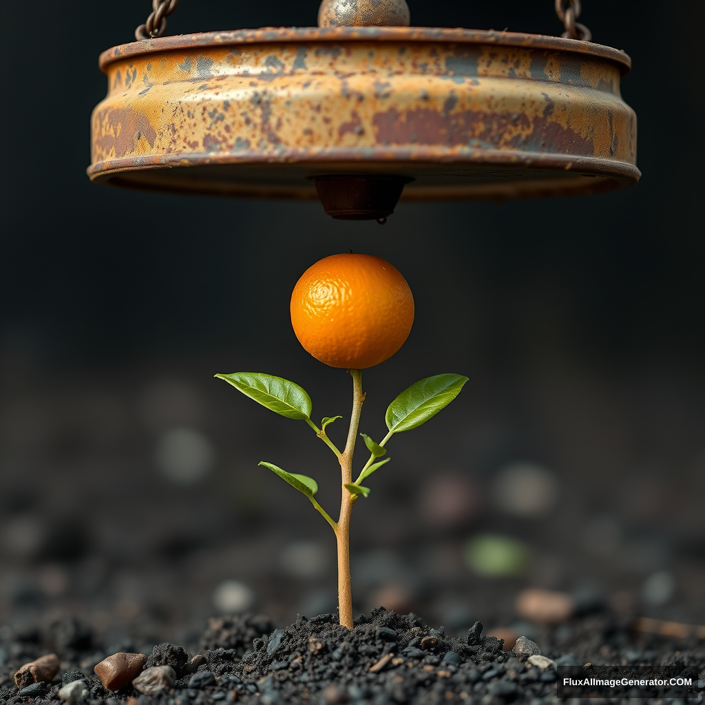 A small sapling from an orange tree was growing from the ground beneath a rusty, dirty judicial scale.