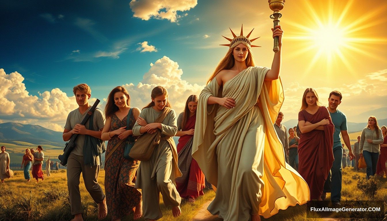 Renaissance oil painting style featuring a powerful and inspiring image depicting the concept of blockchain and decentralization. In the foreground, a goddess symbolizing blockchain and decentralization leads the people towards a bright future, reminiscent of the iconic painting 'Liberty Leading the People.' She is surrounded by families and individuals of predominantly European descent who are joyous and supportive, embracing and helping each other. The scene is vibrant and full of hope, capturing the essence of unity, progress, and decentralized, family-based agricultural production. Light shines from the front, illuminating the scene.