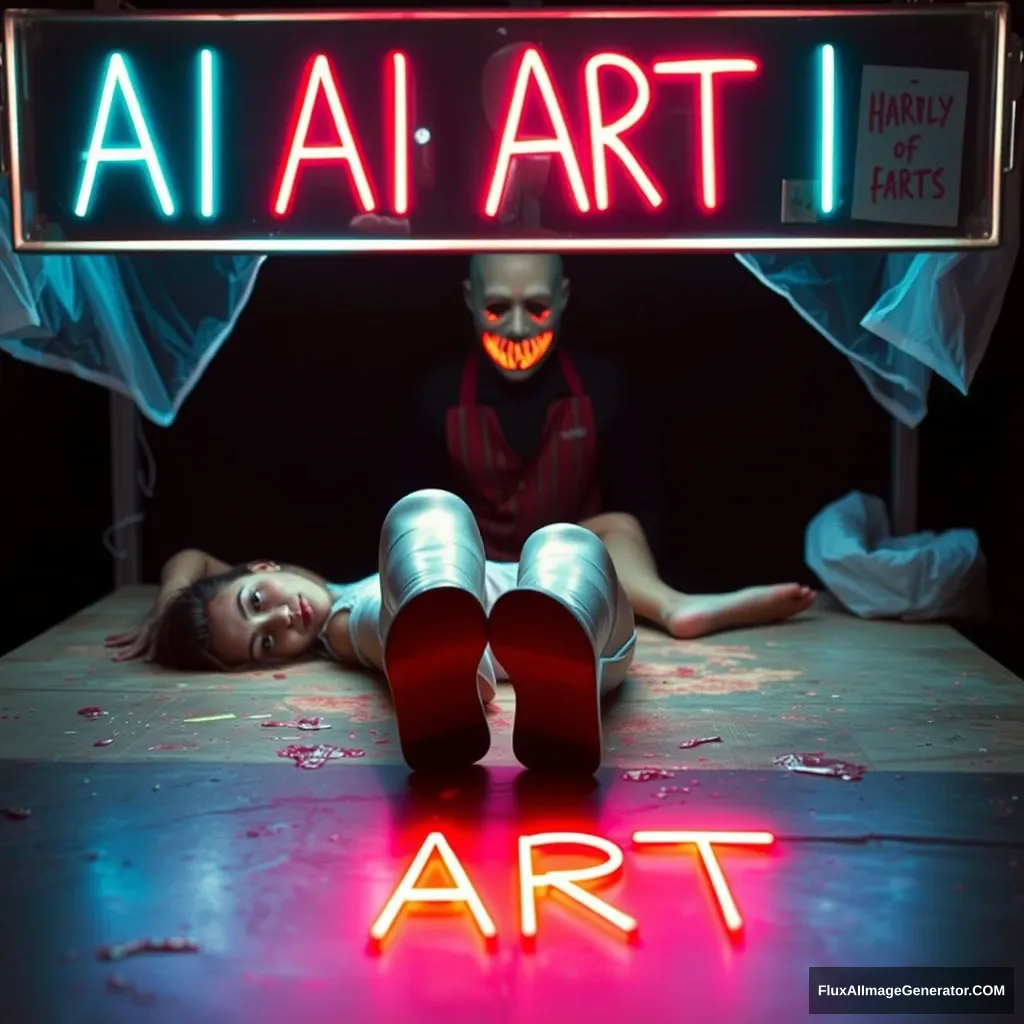 A woman lay on the butcher table, shoes on, at night, in a neo style. The sign said: "AI ART," with a horrible butcher wearing a mask standing behind in the dark.